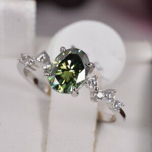 Certified 1.5ct Oval Cut Green Moissanite Engagement Ring